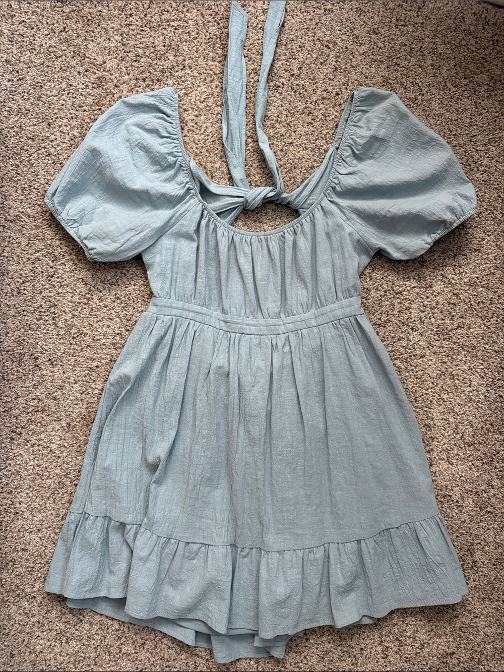 Light Blue Puff-Sleeve Summer Mini Dress